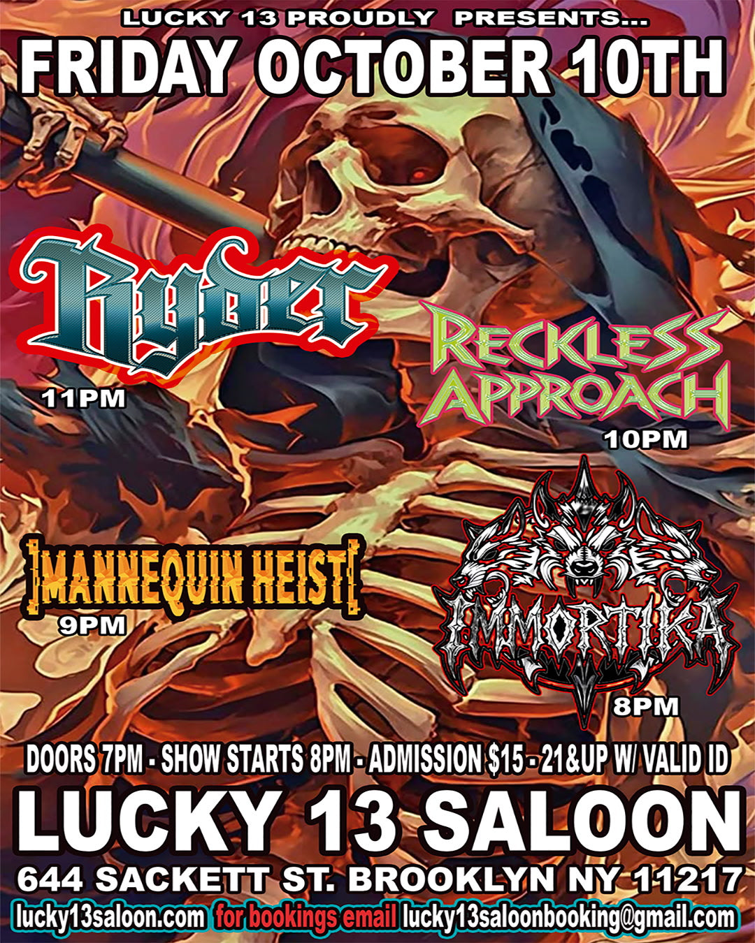 Ryder/RecklessApproach/MannequinHeist/Immortika Live at Lucky 13 Saloon 10/10/25 Ticket